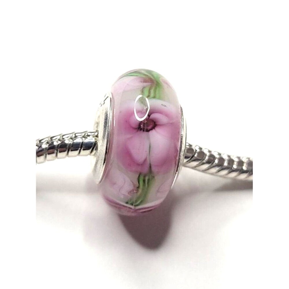 NWT For Pandora Charm Bracelet 925 Sterling Silver Murano Glass Flower Bead Pink - Picture 6 of 6